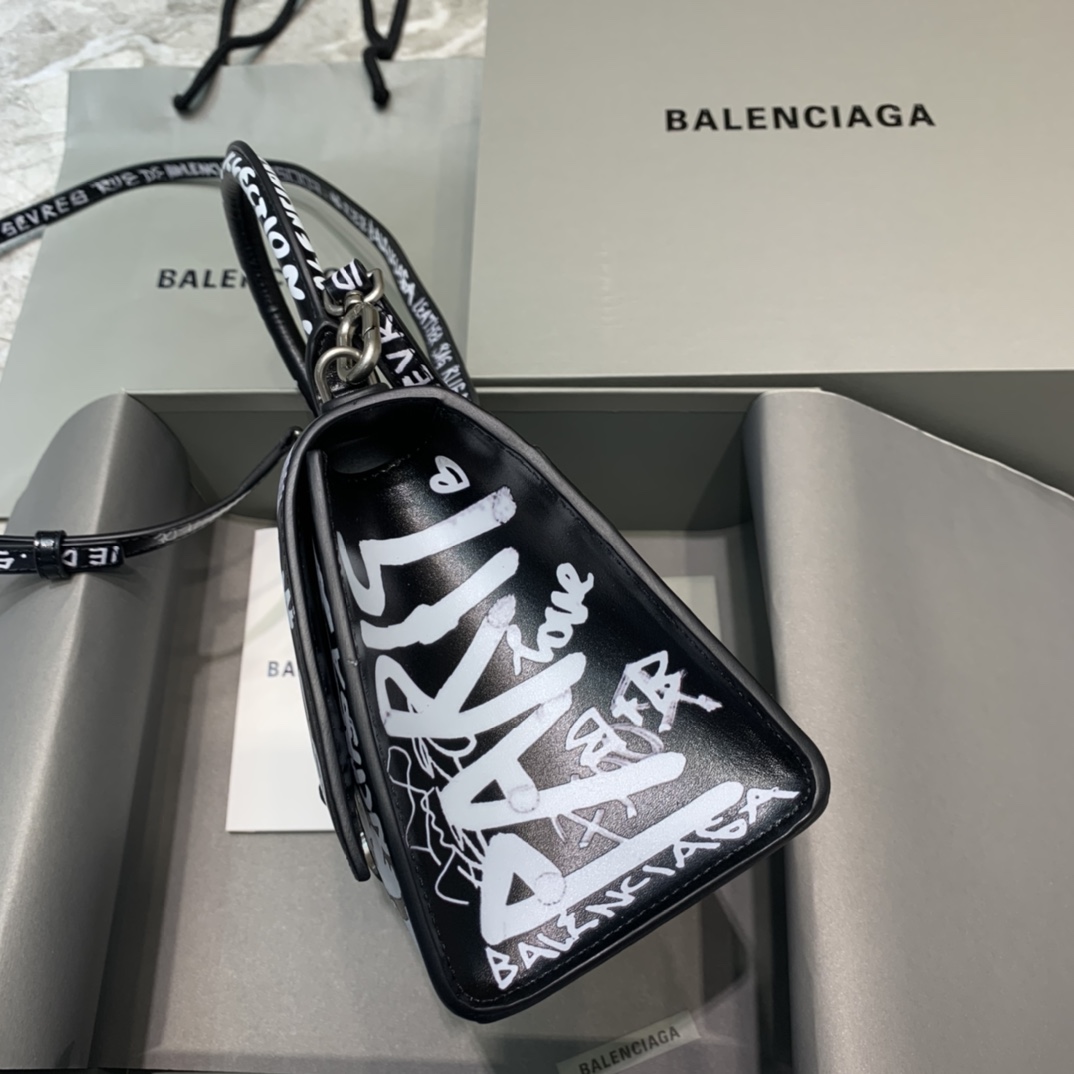 Balenciaga Hourglass Small Handbag Graffiti Shoulder Bag Black